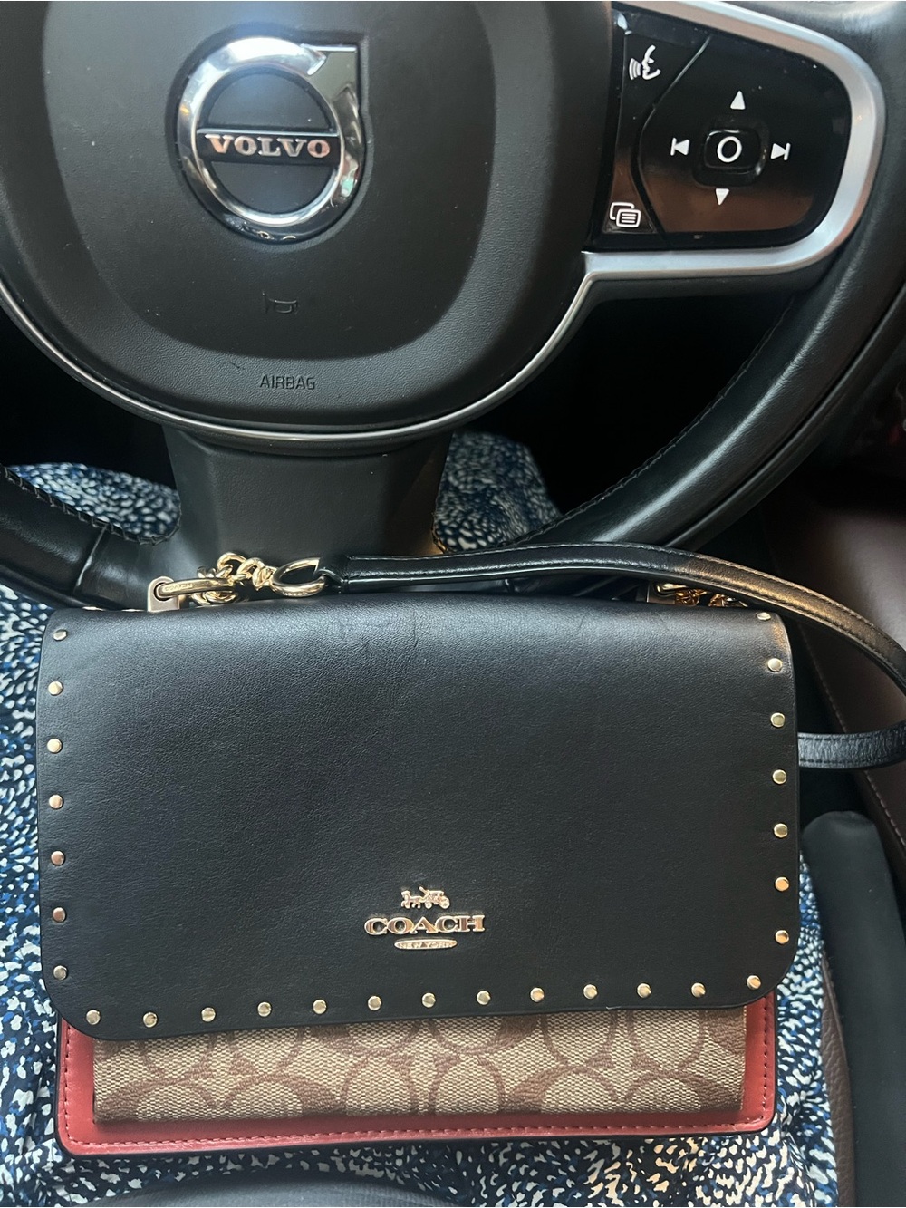 Coach Black Leather & Brown Signature Canvas Crossbody with Red Trim